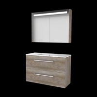 Basic-Line Premium 39 Badkamermeubelset - Ondiep - 100 x 39 cm - Met Grepen - 2 Lades - Keramische Wastafel - 1 Kraangat - Spiegelkast met LED Verlichting - Scotch Oak - thumbnail