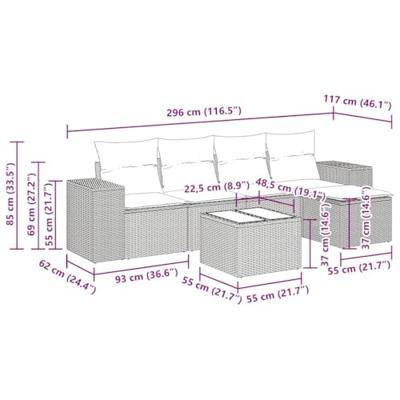 6-delige Loungeset met kussens poly rattan beige