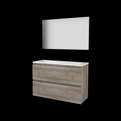 Basic-Line Basic 39 Badkamermeubelset - Ondiep - 100 x 39 cm - Greeploos - 2 Lades - Acryl Wastafel - 1 Kraangat - Spiegel - Scotch Oak