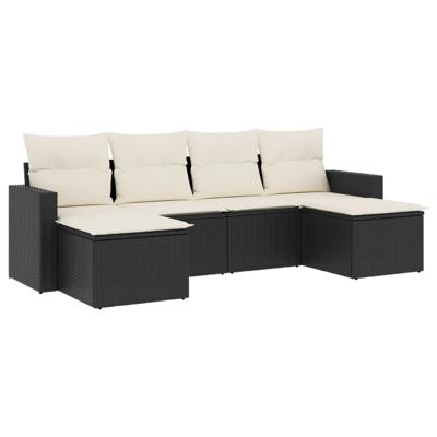 7-delige Loungeset met kussens poly rattan zwart