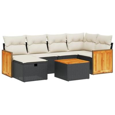 7-delige Loungeset met kussens poly rattan zwart