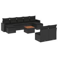 10-delige Loungeset met kussens poly rattan zwart - thumbnail