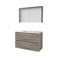 Basic-Line Comfort 46 Badkamermeubelset - 100 x 46 cm - Greeploos - 2 Lades - Keramische Wastafel - 1 Kraangat - Spiegelkast - Scotch Oak - thumbnail