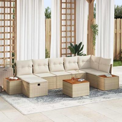 8-delige tuinset met kussens in beige poly rattan