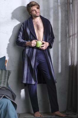 Heren badjas Velours - 115CM - Blue Stripe - Lange warme ochtendjas voor mannen