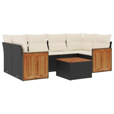 7-delige Loungeset met kussens poly rattan zwart