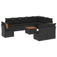 10-delige Loungeset met kussens poly rattan zwart - thumbnail