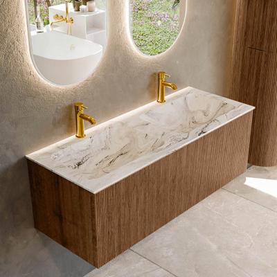 Mondiaz KURVE-DLUX 120 cm Onderkast Greeploos 1 Lade Zonder Deuren Walnut, Wastafel Solid Surface Dubbel Glace 2 Kraangaten Zonder Spiegel (KRVLEA1201L0D2KD-Wal/Gla)