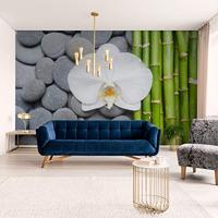 Fotobehang - Bamboe, Orchidee en stenen, Spa, Inspiratie, in 11 maten, inclusief behanglijm - thumbnail