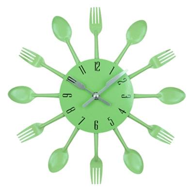 Bestek metalen keuken Wandklok lepel vork creatieve kwarts muur gemonteerde klokken modern design decoratieve horloge groen