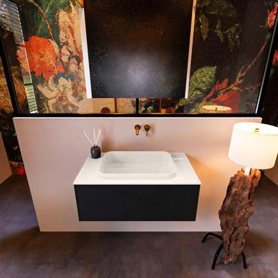 Badkamermeubelset Mondiaz Erin 80 cm met 1 Lade met RIDGE Wastafel Midden Linen Zonder Kraangaten Greeploos Mat Urban