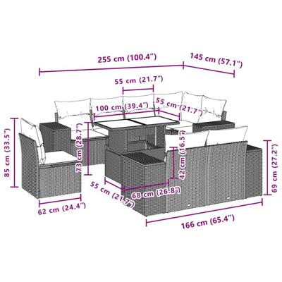 9-delige Loungeset met kussens poly rattan zwart