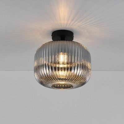 Plafondlamp Virello vetro fumé - E27-fitting - Bol van geribbeld rookglas - Vulkaanvormige zwarte drager - IP20 voor binnen