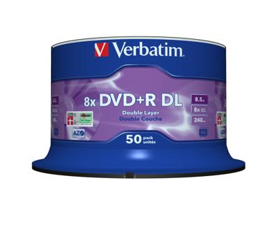 Verbatim DVD+R DL 8,5GB 8X Spindel. 50 Stuk Mat zilver.
