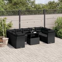 10-delige Loungeset met kussens poly rattan zwart - thumbnail