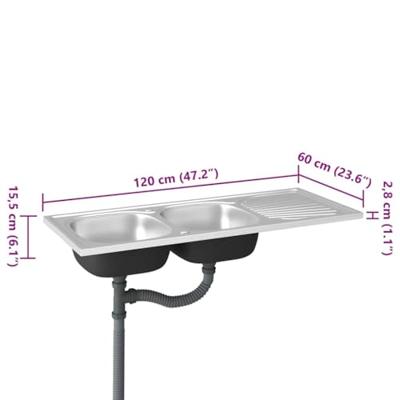 VidaXL Gootsteen dubbele bak 1200x600x155 mm roestvrij staal zilver VidaXL Gootsteen dubbele bak 1200x600x155 mm roestvrij staal zilver