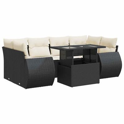 7-delige Loungeset met kussens poly rattan zwart