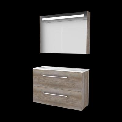 Basic-Line Premium 39 Badkamermeubelset - Ondiep - 100 x 39 cm - Met Grepen - 2 Lades - Acryl Wastafel - 2 Kraangaten - Spiegelkast met LED Verlichting - Scotch Oak