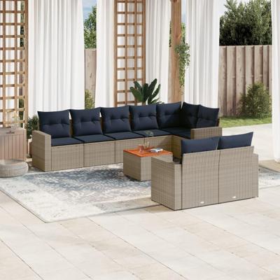 9-delige Loungeset met kussens poly rattan grijs