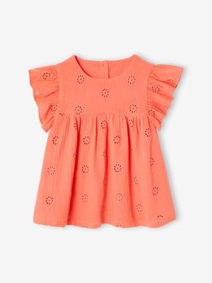 Geborduurde blouse van katoenen gaas voor meisjes koraal