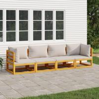 4-delige Loungeset met lichtgrijze kussens massief hout - thumbnail