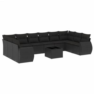 10-delige Loungeset met kussens poly rattan zwart - thumbnail