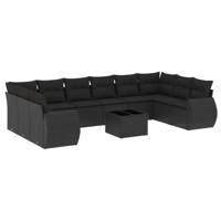 10-delige Loungeset met kussens poly rattan zwart - thumbnail