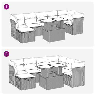 8-delige Loungeset met kussens poly rattan zwart