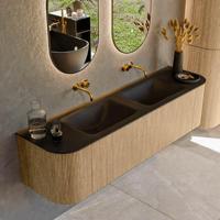 Mondiaz KURVE 170 cm Onderkast Greeploos 1 Lade Met Deuren Oak, Wastafel Solid Surface Dubbel Urban 0 Kraangaten Zonder Spiegel (KRVCLO170L+R1L2D0KD-Oak/Urb) - thumbnail