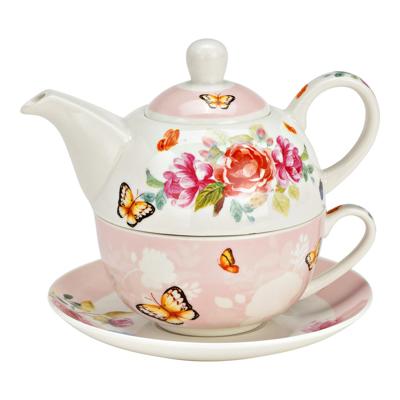 3-delige set theepotten, rozen met vlinderdecor, van gekleurd porselein (B/H/D) 15x16x15 cm 400 ml/250 ml