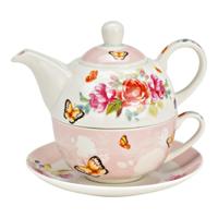 3-delige set theepotten, rozen met vlinderdecor, van gekleurd porselein (B/H/D) 15x16x15 cm 400 ml/250 ml - thumbnail