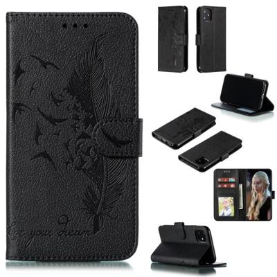 Feather patroon Litchi textuur horizontale Flip lederen draagtas met portemonnee & houder & kaartsleuven voor iPhone 11 (zwart)