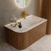 Mondiaz KURVE-DLUX 85 cm Onderkast Greeploos 1 Lade Met Deuren Walnut, Wastafel Solid Surface Rechts Glace 1 Kraangat Zonder Spiegel (KRVCLO85L1L1D1KR-Wal/Gla) - thumbnail