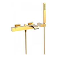 Badkraan Tres Cuadro | Opbouw | Mengkraan | Waterval uitloop | Incl.Handdoucheset | 2-weg | hoh 15 cm | 1-knop | Vierkant | 24k Goud glans - thumbnail