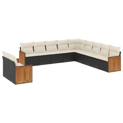 11-delige Loungeset met kussens poly rattan zwart