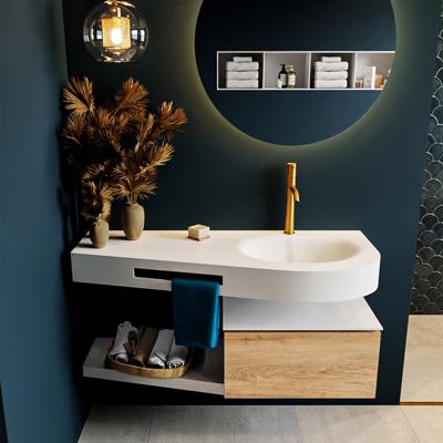 MONDIAZ RIVA 120cm badmeubel onderkast / planchet kleur Washed_Oak met 1 lade. Wastafel DULCET rechts 1 kraangat kleur Talc.