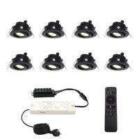 Set met 8 Sienna 12V inbouwspots - 3 Watt 200 lumen - 2700K warm wit - Zwart - IP44 waterdicht - kantelbaar - verandaspots - met afstandsbediening - thumbnail