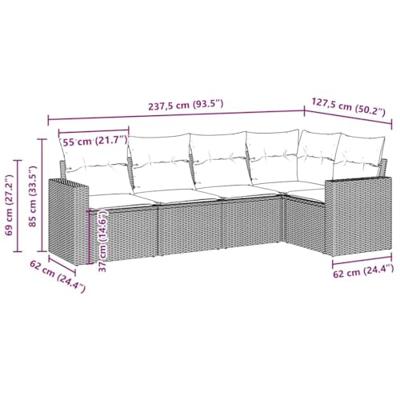 5-delige Loungeset met kussens poly rattan bruin