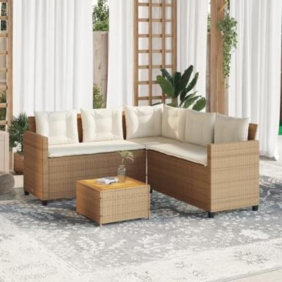 Tuinbank met tafel en kussens L-vormig poly rattan beige