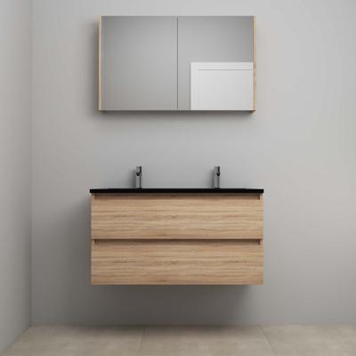 On-Line Badkamermeubelset - 100 cm - Voorgemonteerd - Ladestructuur - Acryl Wastafel - 2 Kraangaten - Spiegelkast - Eiken