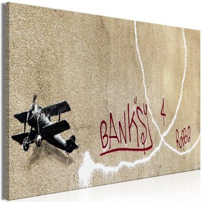 Schilderij - Banksy&apos;s Plane (1-part) - Red Graffiti Text on Mural Background