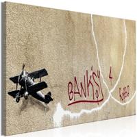 Schilderij - Banksy&apos;s Plane (1-part) - Red Graffiti Text on Mural Background - thumbnail