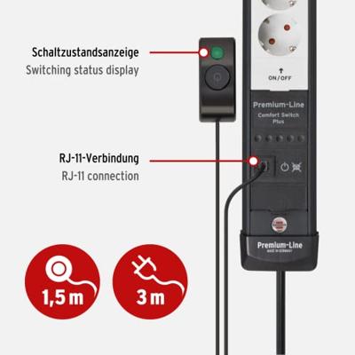 Brennenstuhl Premium-Line Comfort Switch Plus | stekkerdoos | 6-voudig | zwart/lichtgrijs | 3m | H05VV-F 3G1,5 - 1951560102 - thumbnail