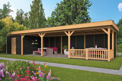 Tuindeco Oslo XL Overkapping type 10 1303x430 cm Lariks/Douglashout blank en Zweeds rabat zwart- Plat dak- Onbehandeld lariks Douglas hout- Tuindeco