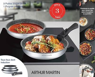 Set van 3 koekenpannen - Geschikt voor alle kookplaten, inclusief inductie - 20-24-28 cm Arthur Martin - AM521S - Aluminium - Anti-aanbaklaag - Afneembaar handvat