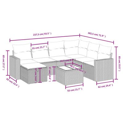 7-delige Loungeset met kussens poly rattan zwart