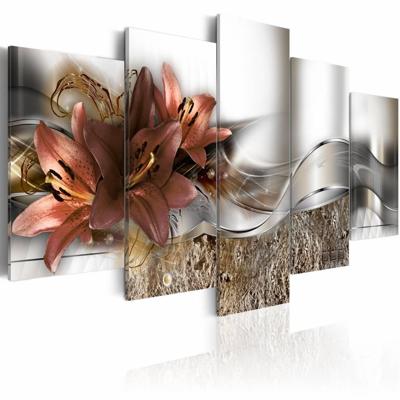 Schilderij - Lily Marsala en abstractie, 5 luik, Bruin/Wit, 2 maten, Premium print