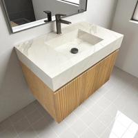 Badmeubel Casajoy Bold Onderkast 80 cm Met Strepen Eiken Met Sintered Stone Wastafel Wit - thumbnail