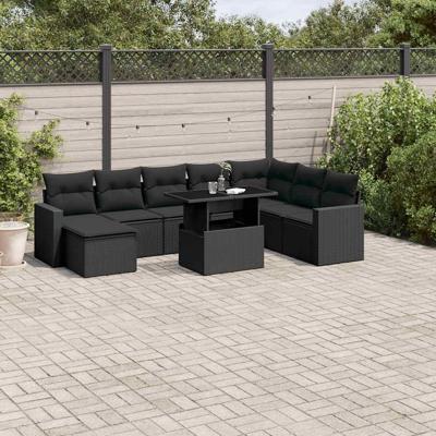 9-delige Loungeset met kussens poly rattan zwart