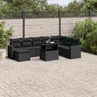 9-delige Loungeset met kussens poly rattan zwart - thumbnail